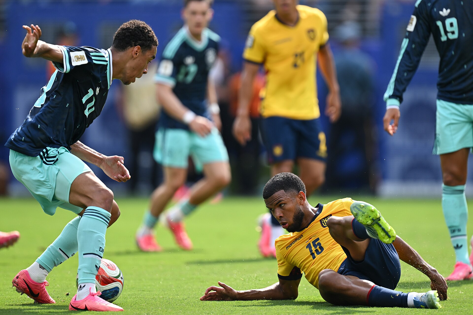 EAST RUTHERFORD, UNITED STATES - June 25: Jamal Musiala #10 of Germany is in action against, Pedro Vite #15 of Ecuador during the FIFA World Cup 2026 Group E match between Ecuador  and  Germany on June 25, 2026 MetLife Stadium, East Rutherford, New Jersey