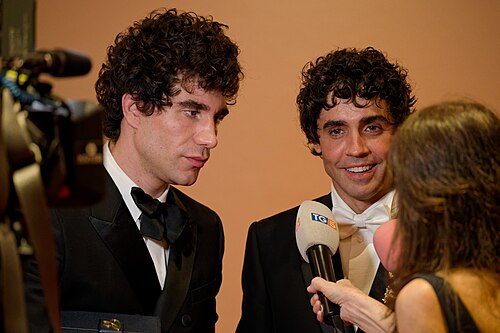 Javier Calvo (left) and Javier Ambrossi (right) at the 2026 Cannes Film Festival winners press conference