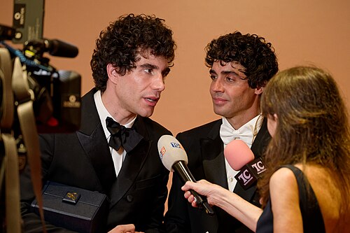 Javier Calvo (left) and Javier Ambrossi (right) at the 2026 Cannes Film Festival winners press conference