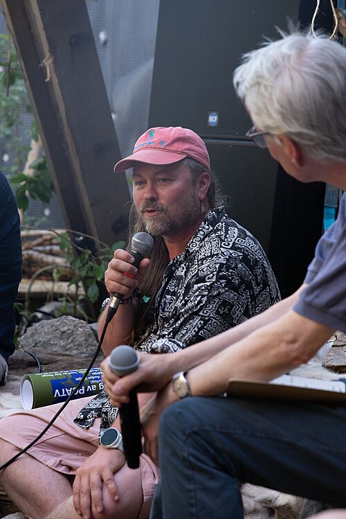 Joar Nango Being Interviewed by Audun Vinger at the architect's installation, "Hølet", at 2025 Molde Jazz Festival