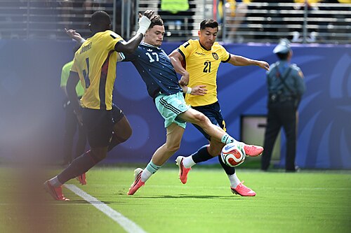 EAST RUTHERFORD, UNITED STATES - June 25: Joel Ordonez #4, Alan Franco #21 of Ecuador is in action against Florian Wirtz #17 of Germany (C) during the FIFA World Cup 2026 Group E match between Ecuador  and  Germany on June 25, 2026 MetLife Stadium, East Rutherford, New Jersey