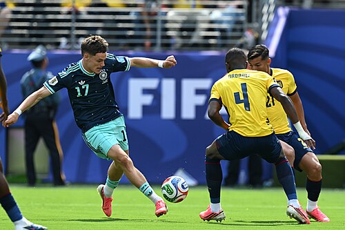 EAST RUTHERFORD, UNITED STATES - June 25: Joel Ordonez #4, Alan Franco #21 of Ecuador is in action against Florian Wirtz #17 of Germany (C) during the FIFA World Cup 2026 Group E match between Ecuador  and  Germany on June 25, 2026 MetLife Stadium, East Rutherford, New Jersey