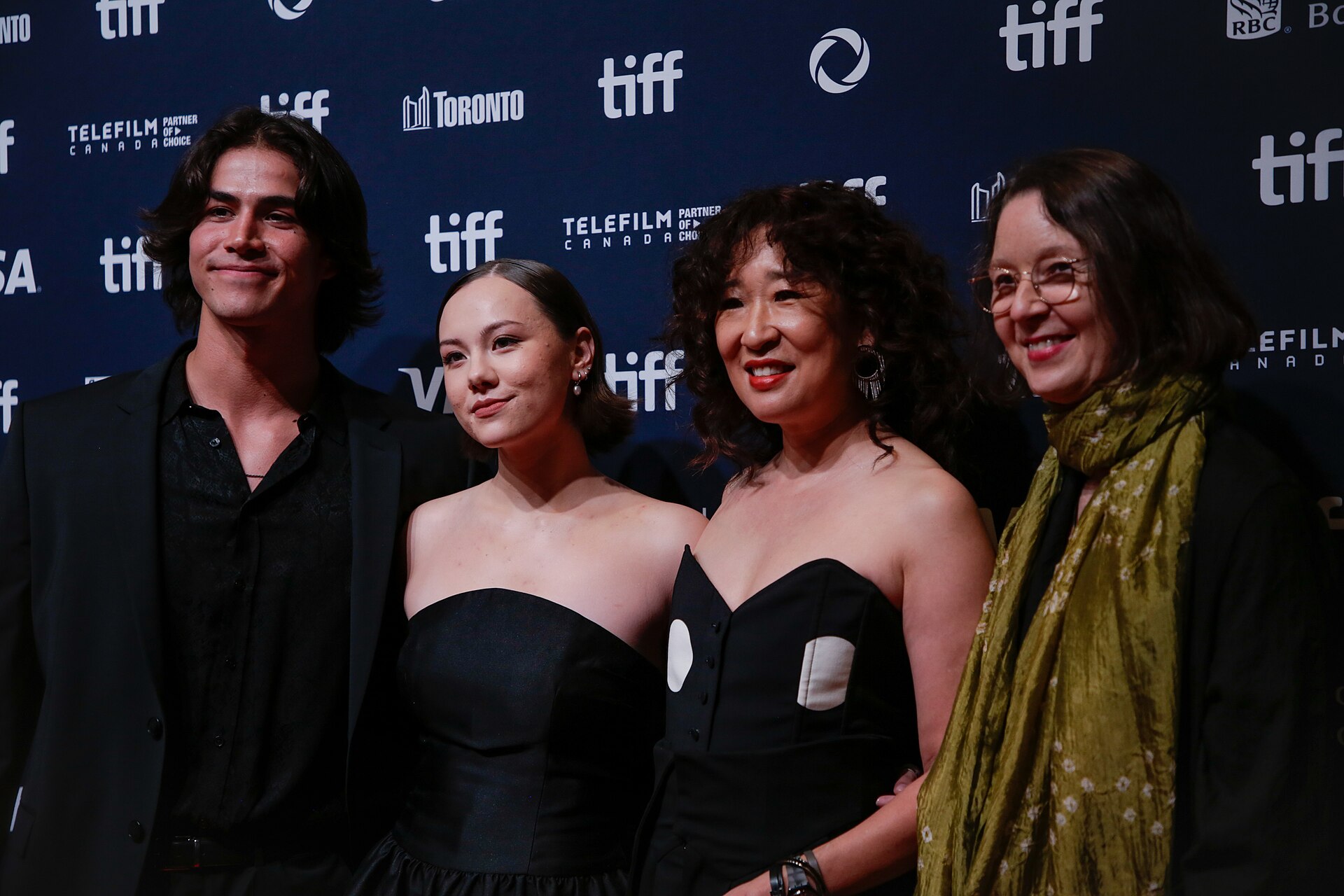 Joel Oulette, Keira Jang, Sandra Oh, actor, and Ann Marie Fleming, director, at the 2024 Toronto International Film Festival (TIFF) for the movie Can I Get A Witness?.