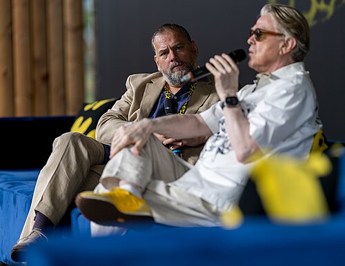 John Bleasdale moderating a talk with Sigurjón "Joni" Sighvatsson at the 2026 Locarno Film Festival