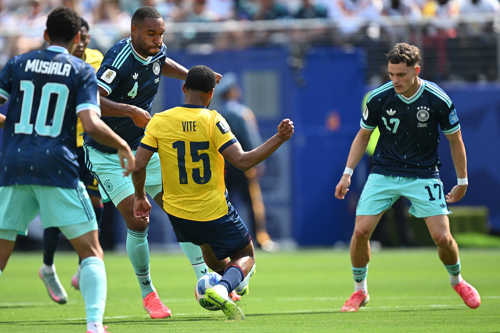 EAST RUTHERFORD, UNITED STATES - June 25: Jonathan Tah #4 of Germany is in action against Pedro Vite #15 of Ecuador during the FIFA World Cup 2026 Group E match between Ecuador  and  Germany on June 25, 2026 MetLife Stadium, East Rutherford, New Jersey