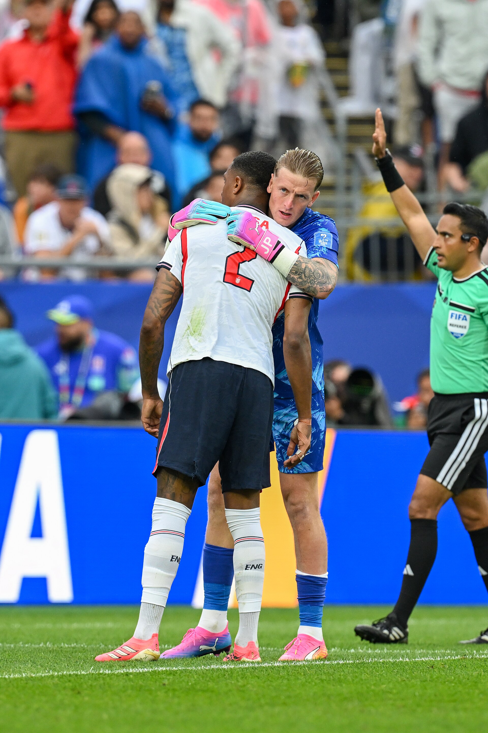 FOXBOROUGH, UNITED STATES - June 23: Goalkeeper Jordan Pickford #1 of England thanks team mate Ezri Konsa #2 of England during the FIFA World Cup 2026 Group L match between England and Ghana on June 23, 2026 Boston Stadium , Foxborough, Massachusetts
