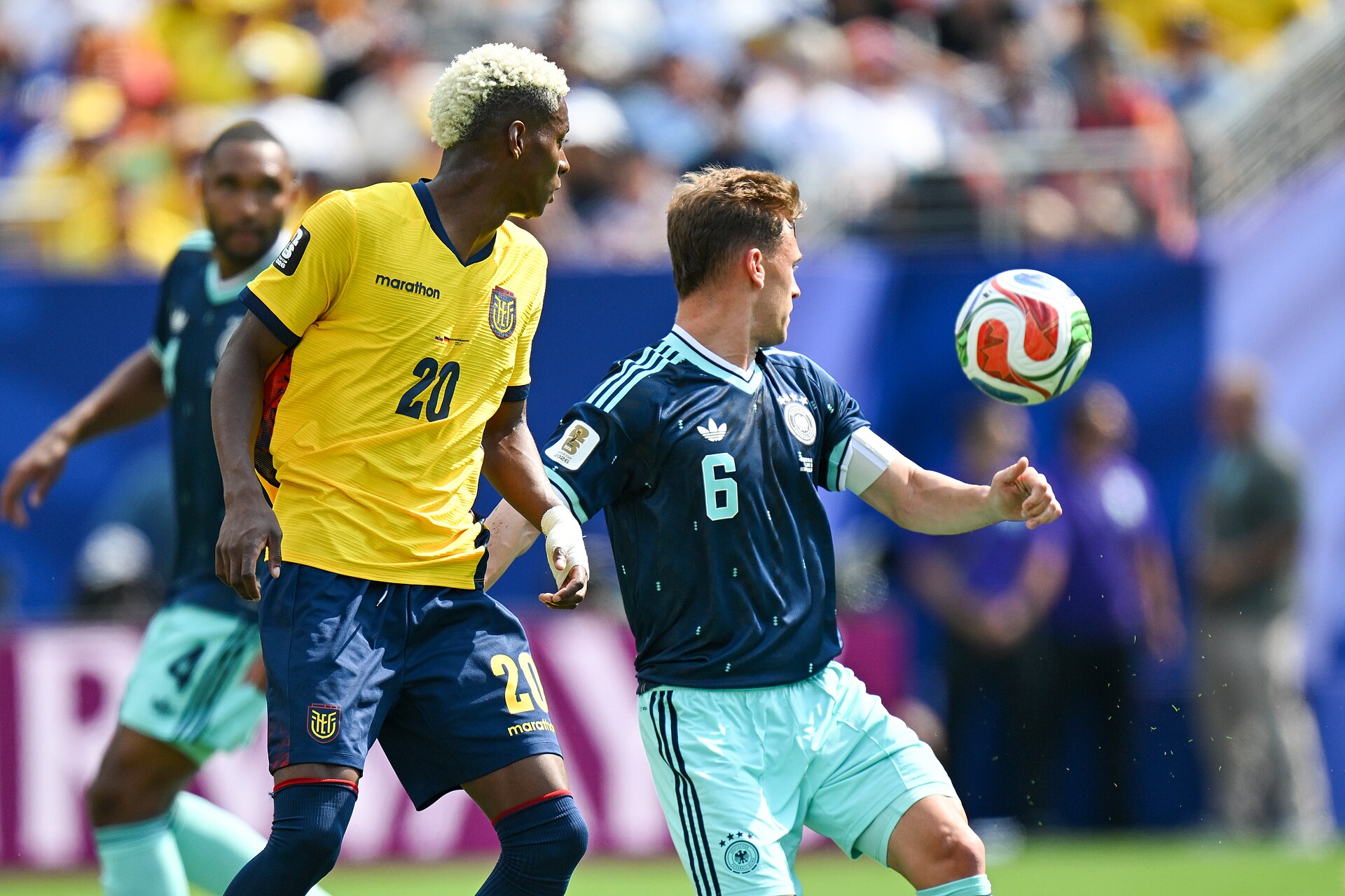 EAST RUTHERFORD, UNITED STATES - June 25: Nilson Angulo #20 of Ecuador is in action against Willian Pacho #6 of Germany during the FIFA World Cup 2026 Group E match between Ecuador  and  Germany on June 25, 2026 MetLife Stadium, East Rutherford, New Jersey