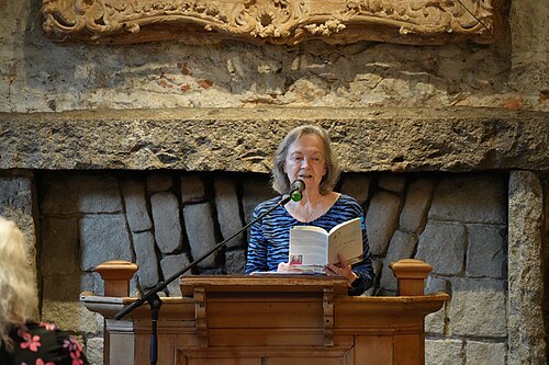 Judy Crowe, poet, at SPF Fringe in Nevada City, California, in April 2025, during the 9th Annual “5 Nevada County Women Poets” reading at the Miners Foundry