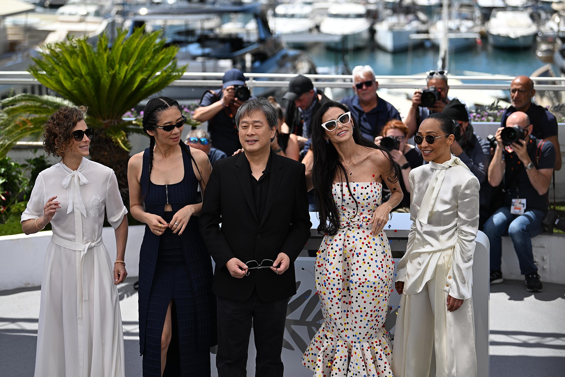 CANNES, FRANCE - MAY 12: Jury Members Laura Wandel, Chloé Zhao, Jury President Park Chan-wook, Demi Moore and Ruth Negga pose during the Jury photocall at the 79th annual Cannes Film Festival at Palais des Festivals on May 12, 2026 in Cannes, France.