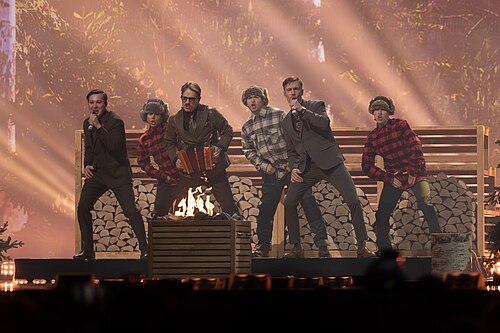 KAJ, representing Sweden, performing at Eurovision 2025 in Basel, Switzerland.