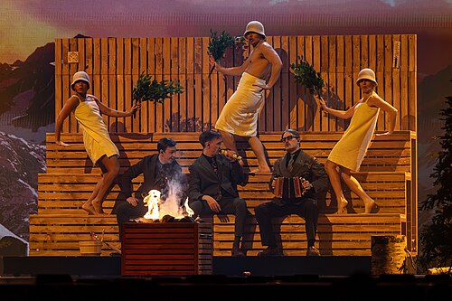 KAJ, representing Sweden, performing at Eurovision 2025 in Basel, Switzerland.