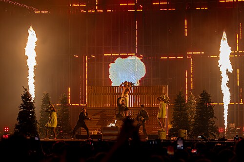 KAJ, representing Sweden, performing at Eurovision 2025 in Basel, Switzerland.