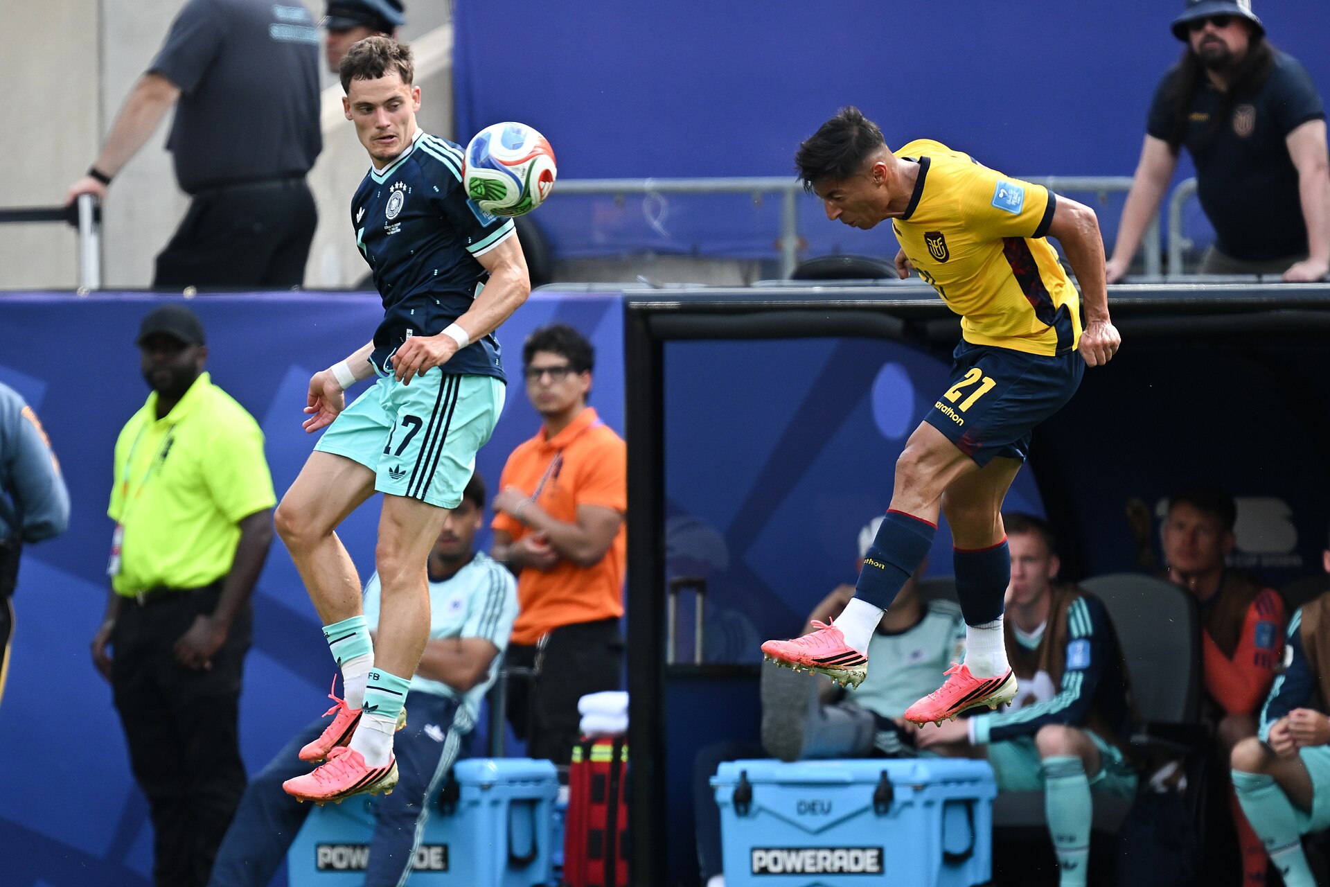 EAST RUTHERFORD, UNITED STATES - June 25: Kai Havertz #7 of Germany battles in the air with Alan Franco #21 of Ecuador during the FIFA World Cup 2026 Group E match between Ecuador  and  Germany on June 25, 2026 MetLife Stadium, East Rutherford, New Jersey