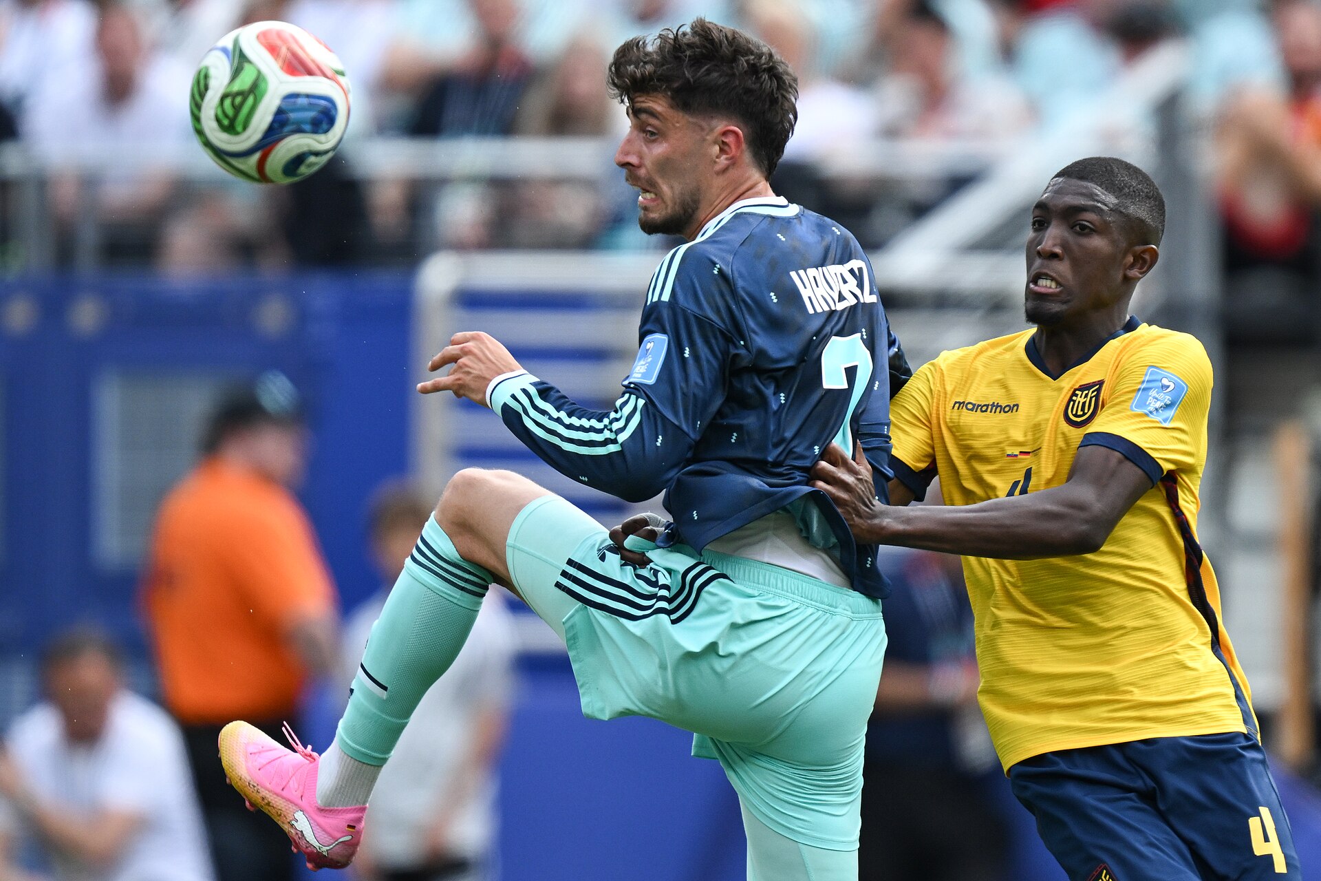EAST RUTHERFORD, UNITED STATES - June 25: Kai Havertz #7 of Germany battles for possession withl Ordonez #4 of Ecuador during the FIFA World Cup 2026 Group E match between Ecuador  and  Germany on June 25, 2026 MetLife Stadium, East Rutherford, New Jersey