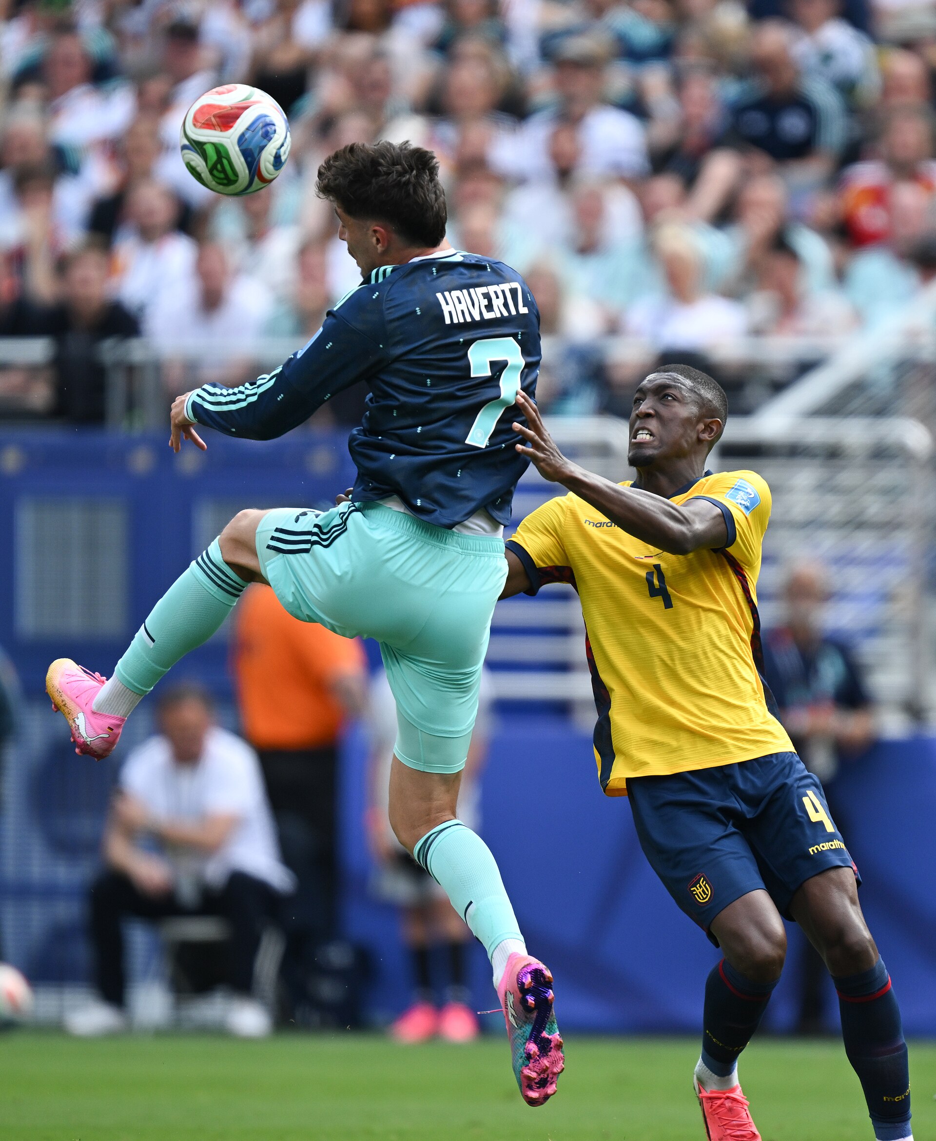 EAST RUTHERFORD, UNITED STATES - June 25: Kai Havertz #7 of Germany battles in the air with Joel Ordonez #4 of Ecuador during the FIFA World Cup 2026 Group E match between Ecuador  and  Germany on June 25, 2026 MetLife Stadium, East Rutherford, New Jersey