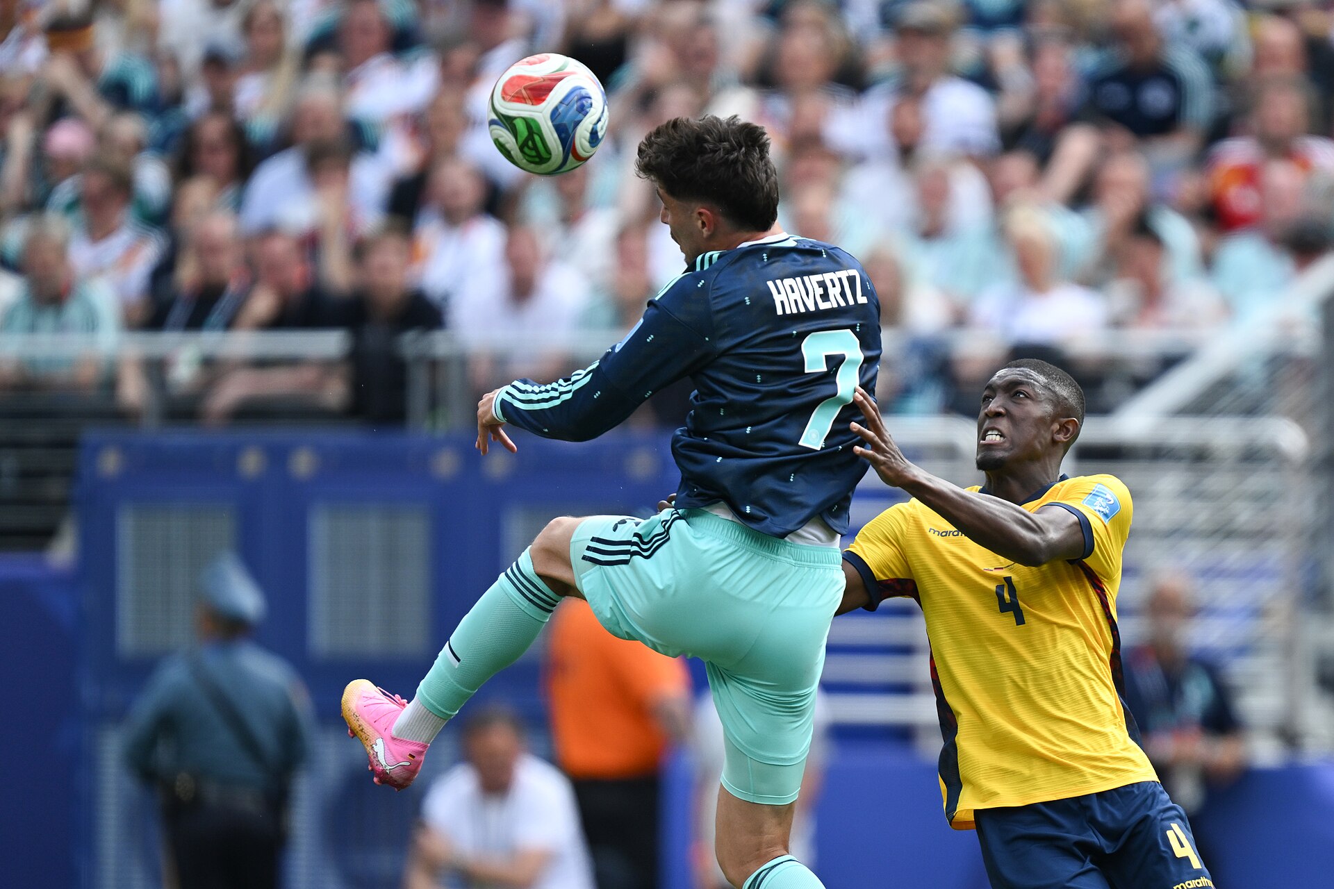 EAST RUTHERFORD, UNITED STATES - June 25: Kai Havertz #7 of Germany battles in the air with Joel Ordonez #4 of Ecuador during the FIFA World Cup 2026 Group E match between Ecuador  and  Germany on June 25, 2026 MetLife Stadium, East Rutherford, New Jersey