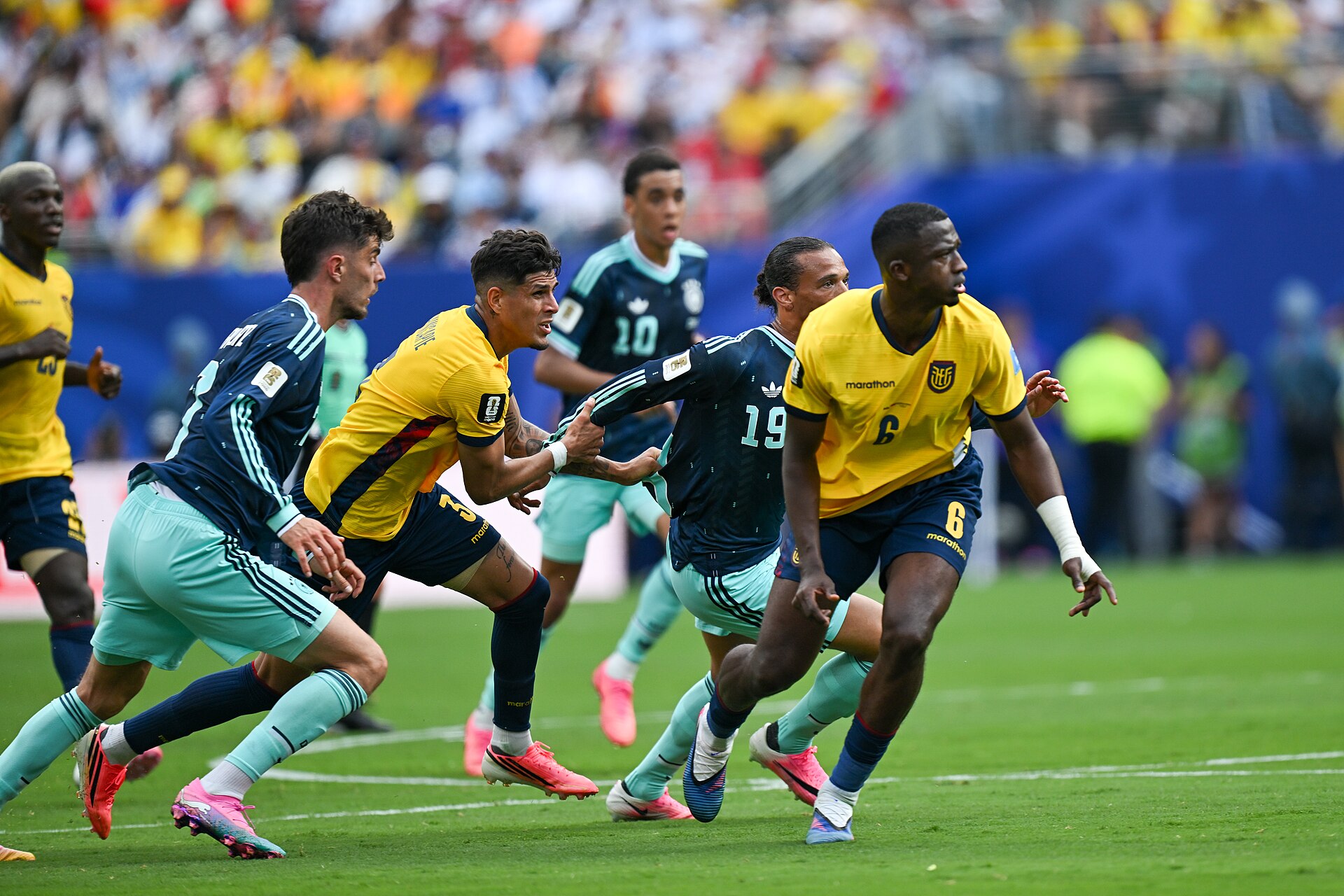 EAST RUTHERFORD, UNITED STATES - June 25: Kai Havertz #7, Leroy Sane #19 of Germany is in action against Piero Hincapie #3, Willian Pacho #6 of Ecuador during the FIFA World Cup 2026 Group E match between Ecuador  and  Germany on June 25, 2026 MetLife Stadium, East Rutherford, New Jersey