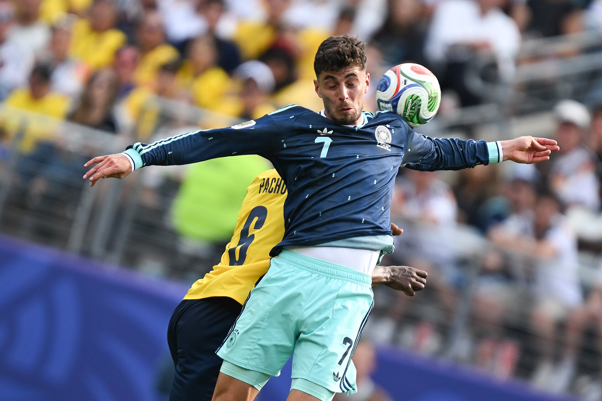 EAST RUTHERFORD, UNITED STATES - June 25: Kai Havertz #7 of Germany battles in the air with Willian Pacho #6 of Ecuador during the FIFA World Cup 2026 Group E match between Ecuador  and  Germany on June 25, 2026 MetLife Stadium, East Rutherford, New Jersey
