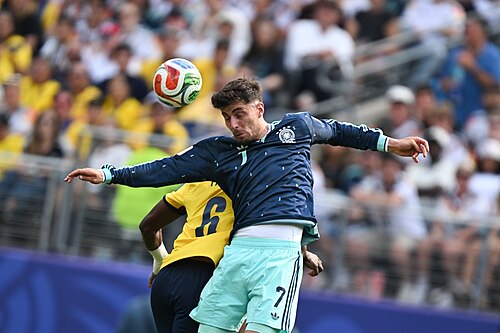 EAST RUTHERFORD, UNITED STATES - June 25: Kai Havertz #7 of Germany battles in the air with Willian Pacho #6 of Ecuador during the FIFA World Cup 2026 Group E match between Ecuador  and  Germany on June 25, 2026 MetLife Stadium, East Rutherford, New Jersey