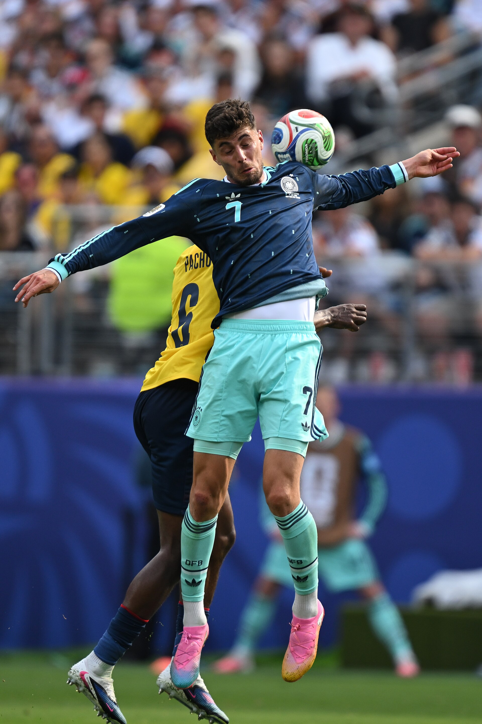 EAST RUTHERFORD, UNITED STATES - June 25: Kai Havertz #7 of Germany battles in the air with Willian Pacho #6 of Ecuador during the FIFA World Cup 2026 Group E match between Ecuador  and  Germany on June 25, 2026 MetLife Stadium, East Rutherford, New Jersey