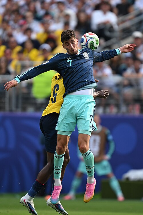 EAST RUTHERFORD, UNITED STATES - June 25: Kai Havertz #7 of Germany battles in the air with Willian Pacho #6 of Ecuador during the FIFA World Cup 2026 Group E match between Ecuador  and  Germany on June 25, 2026 MetLife Stadium, East Rutherford, New Jersey