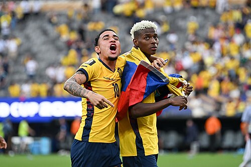 EAST RUTHERFORD, UNITED STATES - June 25: Kendry Páez #10 and Nilson Angulo #20 of Ecuador after winning the FIFA World Cup 2026 Group E match between Ecuador  and  Germany on June 25, 2026 MetLife Stadium, East Rutherford, New Jersey