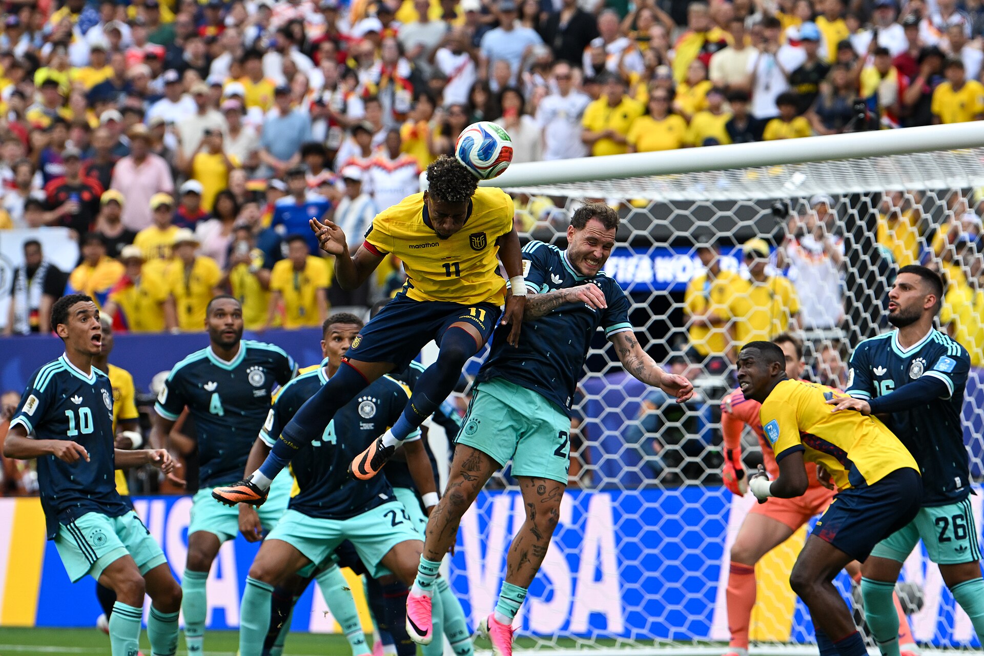 EAST RUTHERFORD, UNITED STATES - June 25: Kevin Rodriguez #11 of Ecuador battles in the air with Antonio Rudiger #2 of Germany during the FIFA World Cup 2026 Group E match between Ecuador  and  Germany on June 25, 2026 MetLife Stadium, East Rutherford, New Jersey