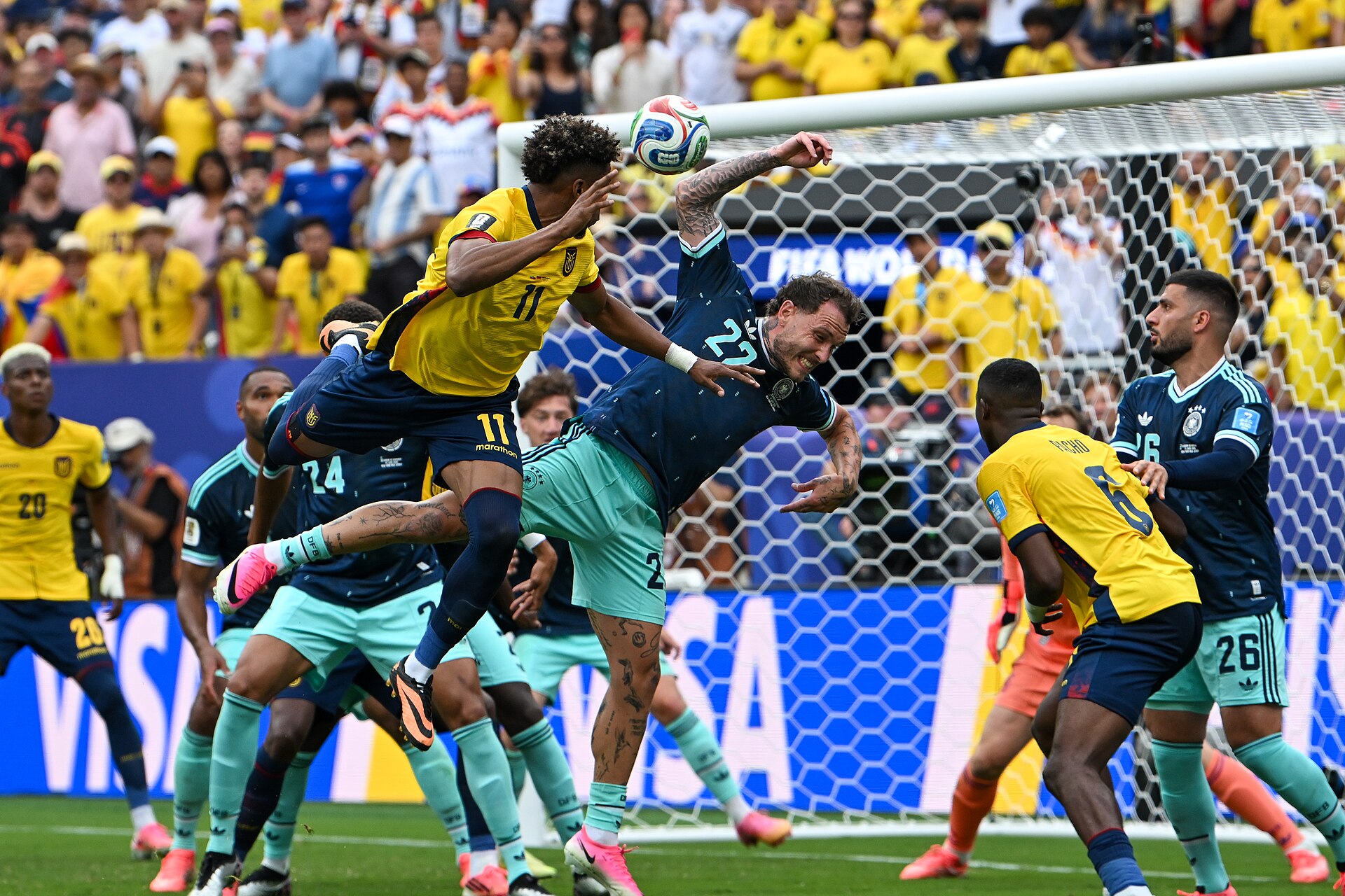 EAST RUTHERFORD, UNITED STATES - June 25: Kevin Rodriguez #11 of Ecuador battles in the air with Antonio Rudiger #2 of Germany during the FIFA World Cup 2026 Group E match between Ecuador  and  Germany on June 25, 2026 MetLife Stadium, East Rutherford, New Jersey