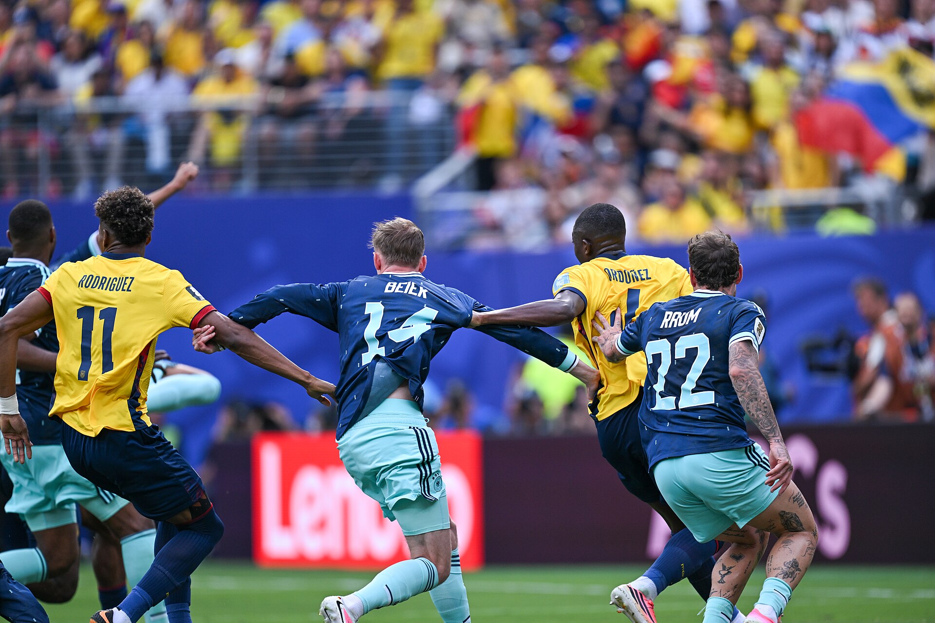 EAST RUTHERFORD, UNITED STATES - June 25: Kevin Rodriguez #11, Joel Ordonez #4 of Ecuador battles for possession with Maximilian Beier #14 and David Raum #22 of Germany during the FIFA World Cup 2026 Group E match between Ecuador  and  Germany on June 25, 2026 MetLife Stadium, East Rutherford, New Jersey