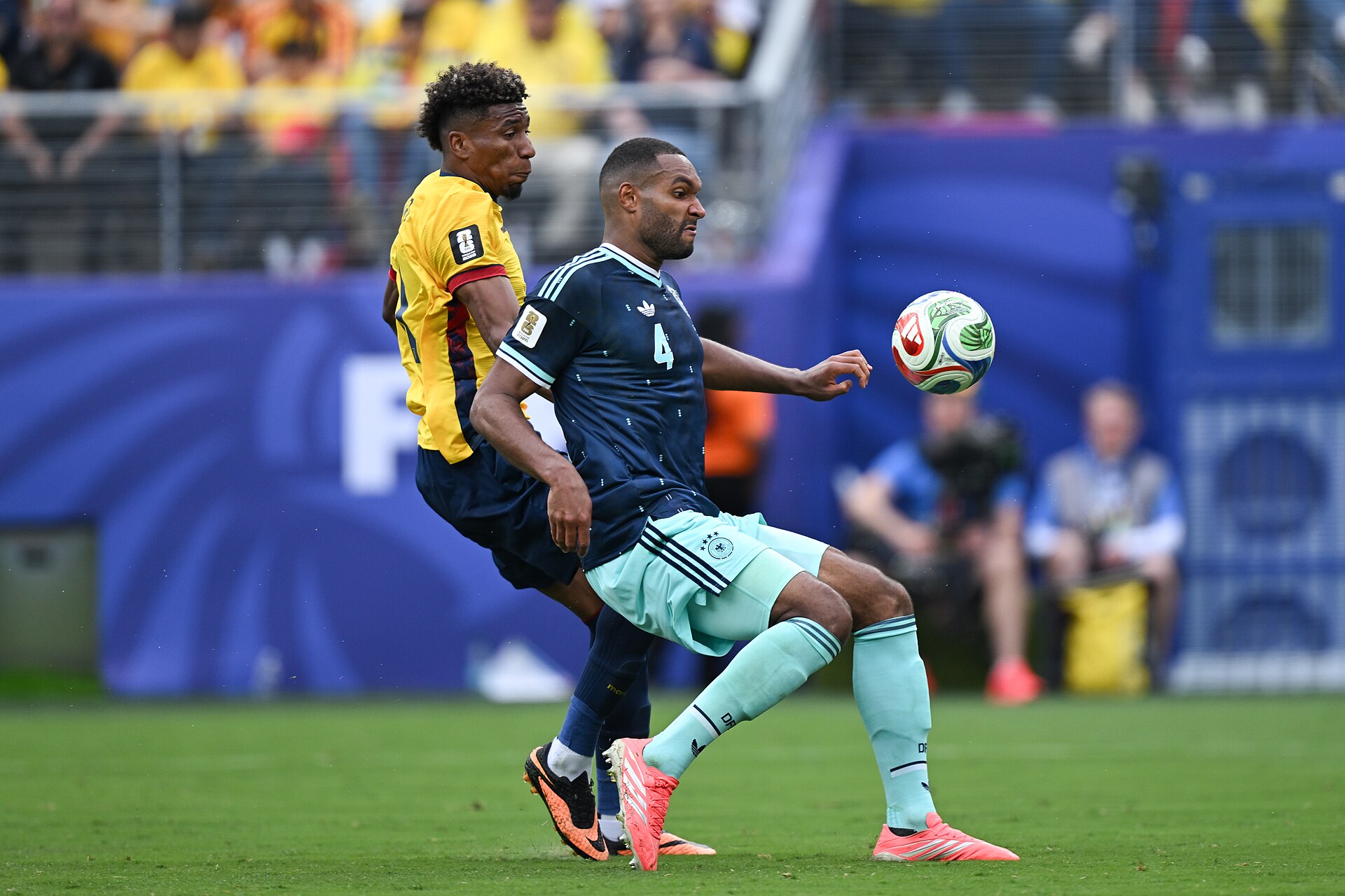 EAST RUTHERFORD, UNITED STATES - June 25: Kevin Rodriguez #11 of Ecuador battles for possession with Jonathan Tah #4 of Germany during the FIFA World Cup 2026 Group E match between Ecuador  and  Germany on June 25, 2026 MetLife Stadium, East Rutherford, New Jersey