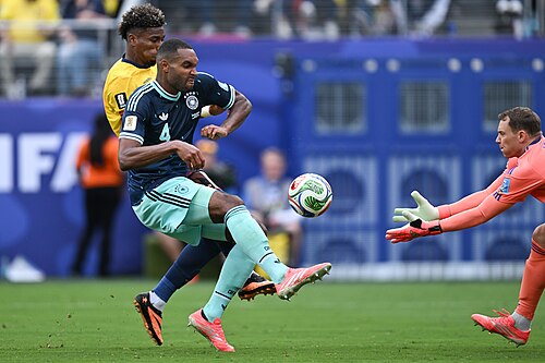 EAST RUTHERFORD, UNITED STATES - June 25: Kevin Rodriguez #11 of Ecuador battles for possession with Jonathan Tah #4 and Goalkeeper Manuel Neuer #1 of Germany during the FIFA World Cup 2026 Group E match between Ecuador  and  Germany on June 25, 2026 MetLife Stadium, East Rutherford, New Jersey