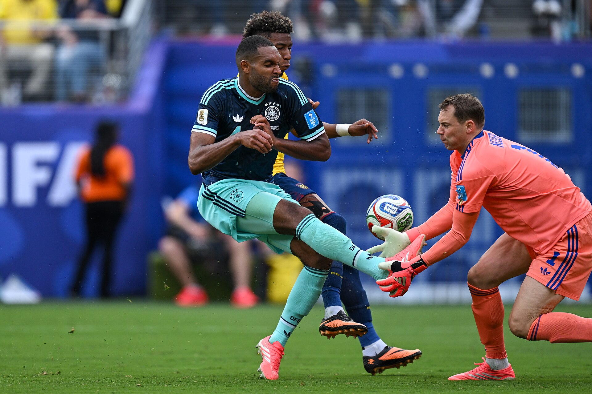 EAST RUTHERFORD, UNITED STATES - June 25: Kevin Rodriguez #11 of Ecuador battles for possession with Jonathan Tah #4 and Goalkeeper Manuel Neuer #1 of Germany during the FIFA World Cup 2026 Group E match between Ecuador  and  Germany on June 25, 2026 MetLife Stadium, East Rutherford, New Jersey