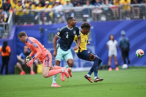 EAST RUTHERFORD, UNITED STATES - June 25: Kevin Rodriguez #11 of Ecuador battles for possession with Jonathan Tah #4 and Goalkeeper Manuel Neuer #1 of Germany during the FIFA World Cup 2026 Group E match between Ecuador  and  Germany on June 25, 2026 MetLife Stadium, East Rutherford, New Jersey