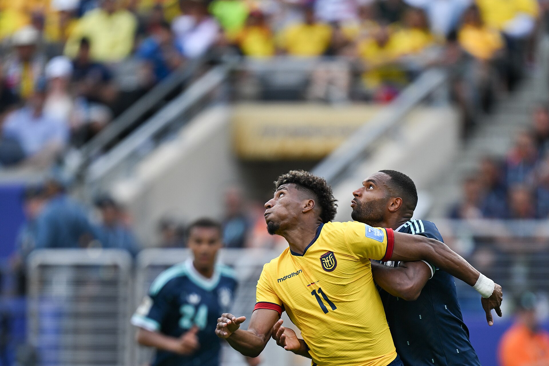 EAST RUTHERFORD, UNITED STATES - June 25: Kevin Rodriguez #11 of Ecuador battles for possession with Jonathan Tah #4 during the FIFA World Cup 2026 Group E match between Ecuador  and  Germany on June 25, 2026 MetLife Stadium, East Rutherford, New Jersey