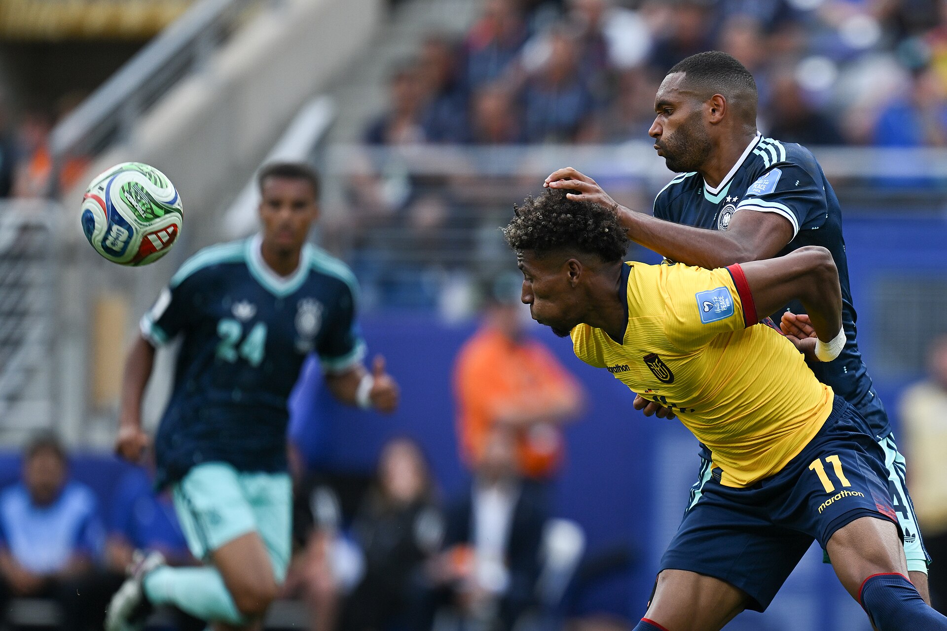 EAST RUTHERFORD, UNITED STATES - June 25: Kevin Rodriguez #11 of Ecuador battles for possession with Jonathan Tah #4 during the FIFA World Cup 2026 Group E match between Ecuador  and  Germany on June 25, 2026 MetLife Stadium, East Rutherford, New Jersey
