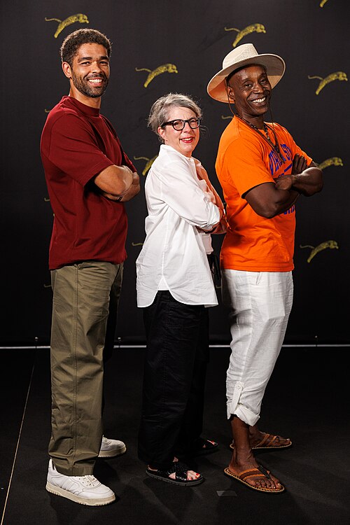 Kingsley Ben-Adir, Petra Volpe and Rob Morgan attend "Frank & Louis" photocall during the 79th Locarno Film Festival on August 10, 2026 in Locarno, Switzerland