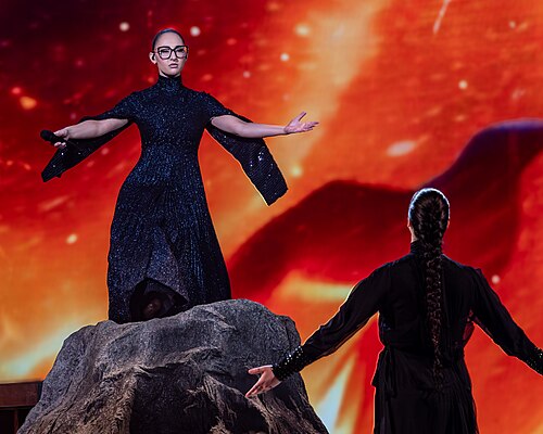 Klavdia, representing Greece, performing at Eurovision 2025 in Basel, Switzerland.