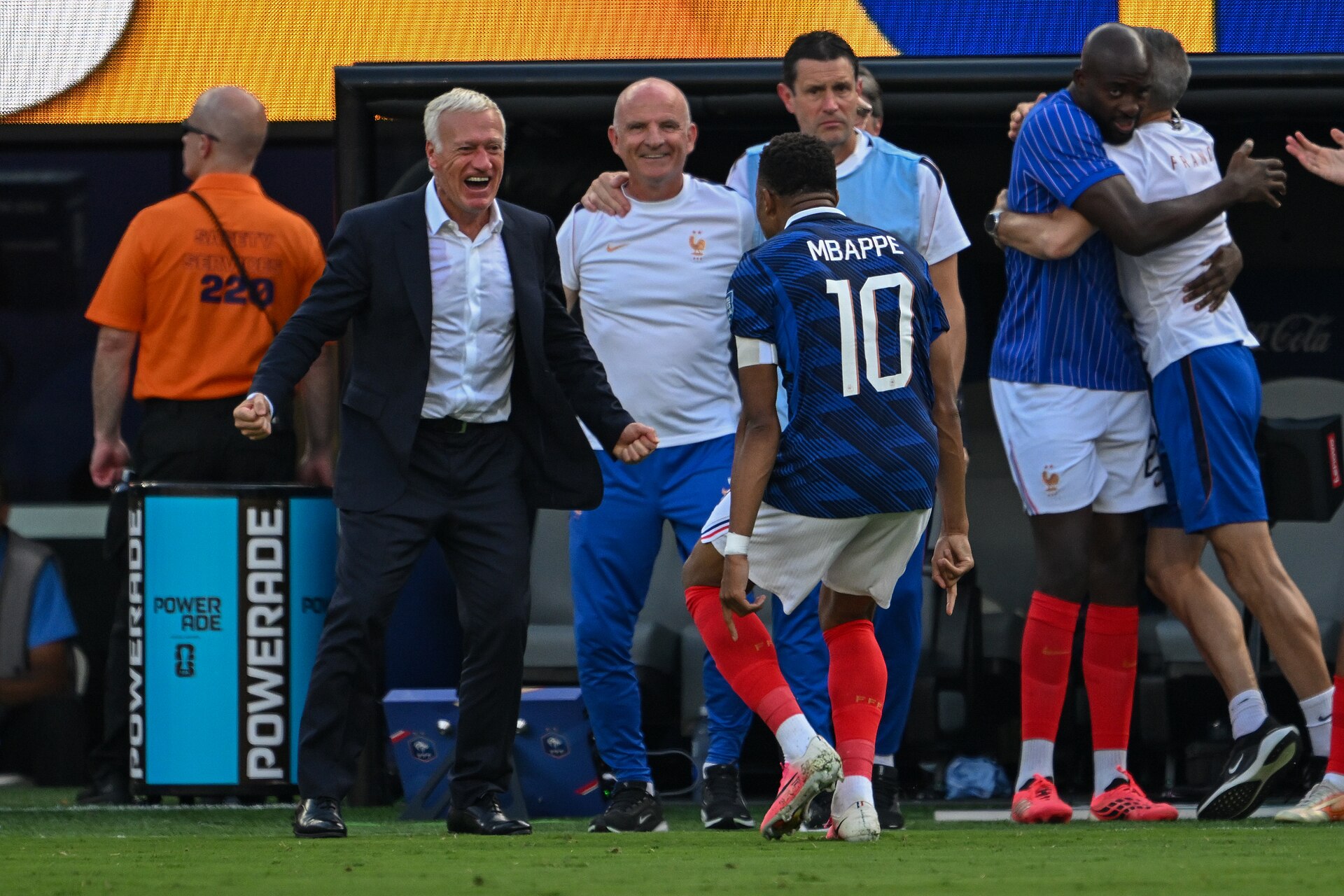 EAST RUTHERFORD, UNITED STATES - June 30: Kylian Mbappe #10  and Didier Deschamps Head Coach of France celebrate after scoring during the FIFA World Cup 2026 round of 32 match between France  and Sweden on June 30, 2026 MetLife Stadium, East Rutherford, New Jersey