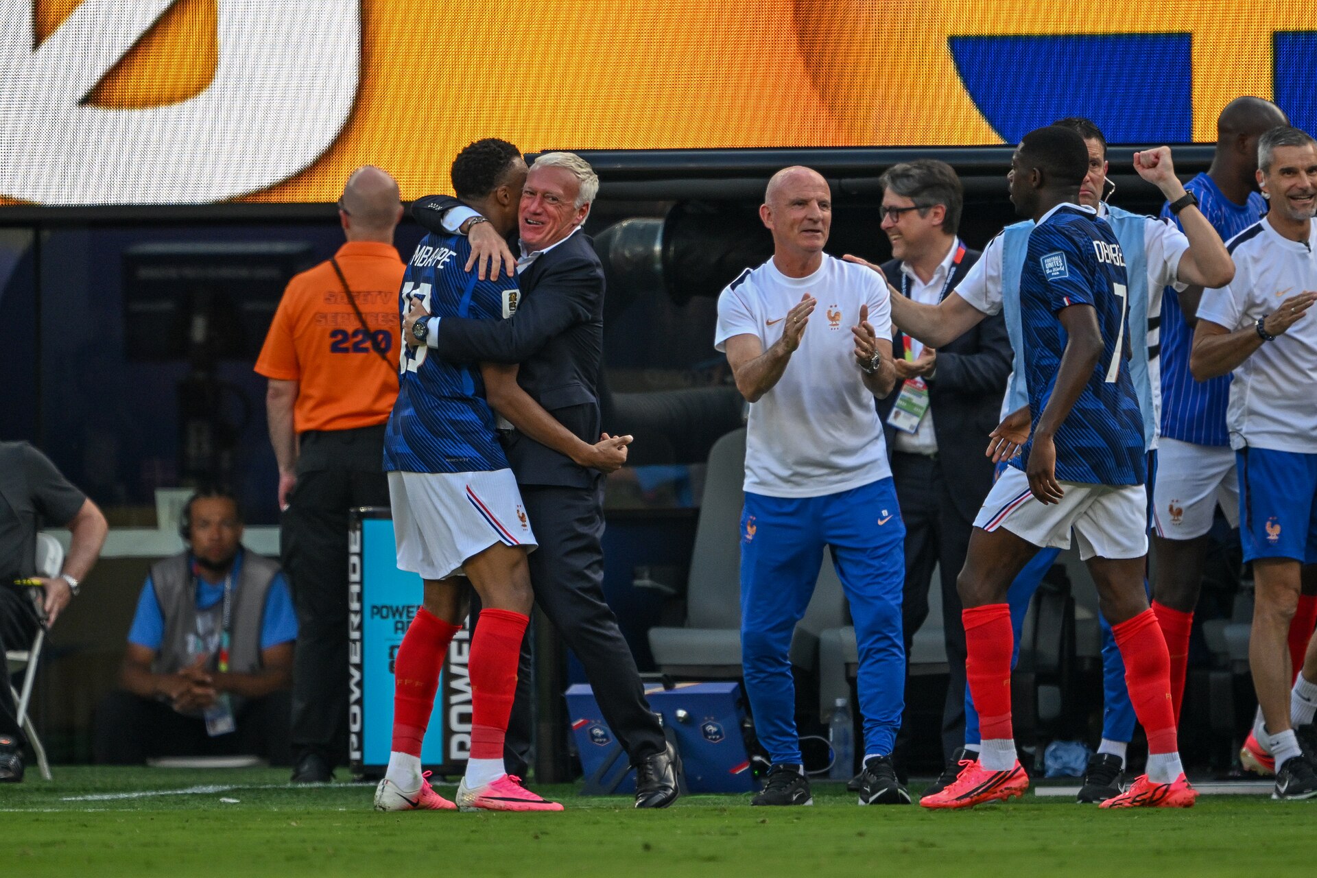 EAST RUTHERFORD, UNITED STATES - June 30: Kylian Mbappe #10  and Didier Deschamps Head Coach of France celebrate after scoring during the FIFA World Cup 2026 round of 32 match between France  and Sweden on June 30, 2026 MetLife Stadium, East Rutherford, New Jersey