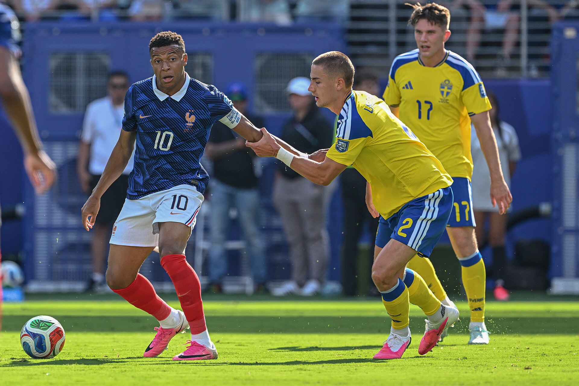EAST RUTHERFORD, UNITED STATES - June 30: Kylian Mbappe #10 of France is in action against Gustaf Lagerbielke #2 of Sweden during the FIFA World Cup 2026 round of 32 match between France  and Sweden on June 30, 2026 MetLife Stadium, East Rutherford, New Jersey