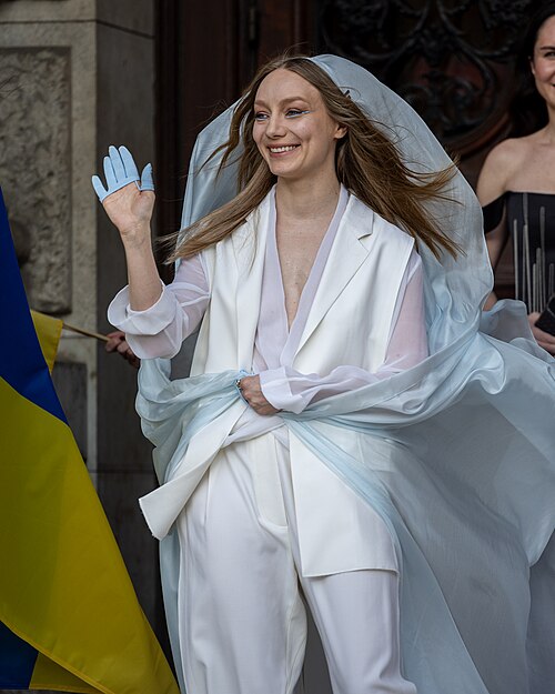 LELÉKA representing Ukraine on the Turquoise Carpet at the 2026 Eurovision Song Contest in Vienna