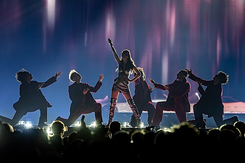 Laura Thorn, representing Luxembourg, performing at Eurovision 2025 in Basel, Switzerland.