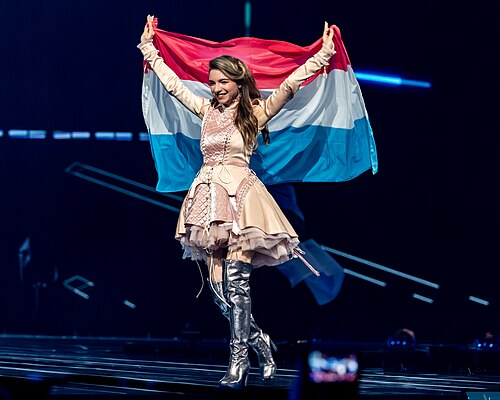 Laura Thorn, representing Luxembourg, performing at Eurovision 2025 in Basel, Switzerland.
