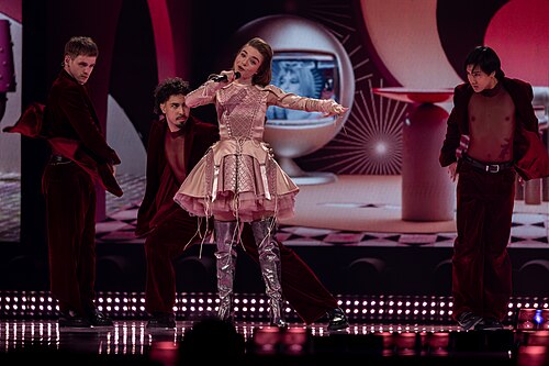 Laura Thorn, representing Luxembourg, performing at Eurovision 2025 in Basel, Switzerland.
