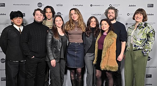 Leo Zhang, Alex Bendo, Luca Scoppetta-Stern, Lexi Preiser, Lily Platt, Sophie Seyd, Sarah Steele, Philip Ettinger, and Rosanne Wilke of Crisis Actor at 2026 Sundance Film Festival
