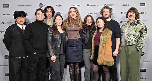 Leo Zhang, Alex Bendo, Luca Scoppetta-Stern, Lexi Preiser, Lily Platt, Sophie Seyd, Sarah Steele, Philip Ettinger, and Rosanne Wilke of Crisis Actor at 2026 Sundance Film Festival
