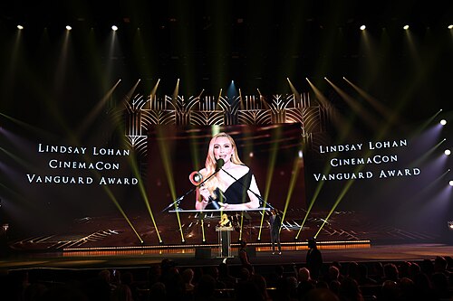 Lindsay Lohn accepting the Vanguard Award during the Big Screen Achievement Awards at CinemaCon 2025 in at Caesar's Palace at Las Vegas, NV
