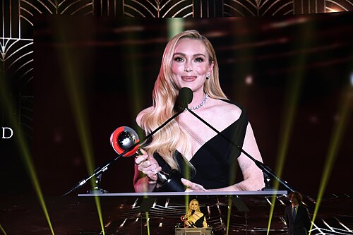 Lindsay Lohan accepting the Vanguard Award during the Big Screen Achievement Awards at CinemaCon 2025 in at Caesar's Palace at Las Vegas, NV