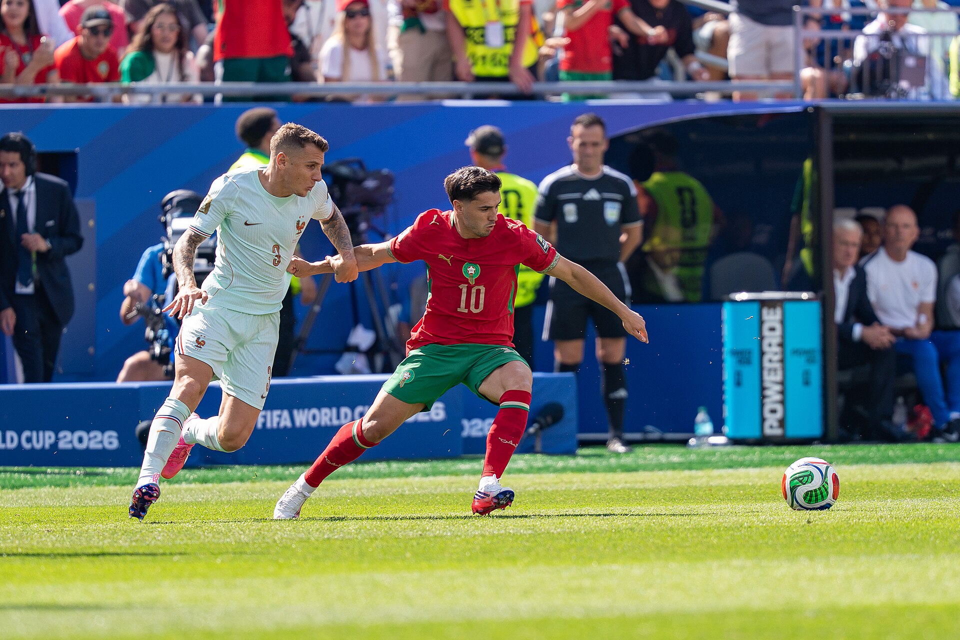 Lucas Digne Brahim Diaz during France v Morocco at the 2026 FIFA World Cup