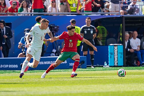 Lucas Digne Brahim Diaz during France v Morocco at the 2026 FIFA World Cup